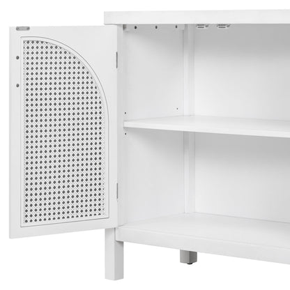 TREXM Large Storage Space Sideboard with Artificial Rattan Door and Metal Handles for Living Room and Entryway (White)