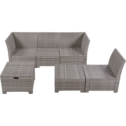 TOPMAX 6-Piece Outdoor Sofa Set, PE Wicker Rattan Sofa with 2 Corner Chairs, 2 Single Chairs, 1 Ottoman and 1 Storage Table, All-weather Conversational Furniture, Beige