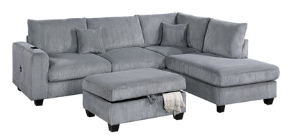 Contemporary 3pc Sectional Set Fog Color Corduroy Couch LAF Sofa RAF Chaise Ottoman L-Sectional Living Room