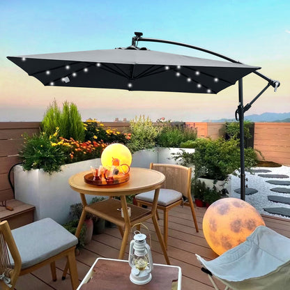 Square 2.5X2.5M Outdoor Patio Umbrella Solar Powered LED Lighted Sun Shade Market Waterproof 8 Ribs Umbrella with Crank and Cross Base for Garden Deck Backyard Pool Shade Outside Deck Swimming Pool