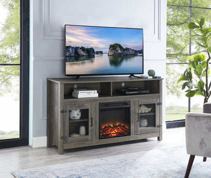 Modern Farmhouse TV Stand with Electric Fireplace, Fit up to 65" Flat Screen TV with Storage Cabinet and Adjustable Shelves Industrial Entertainment Center for Living Room, Grey