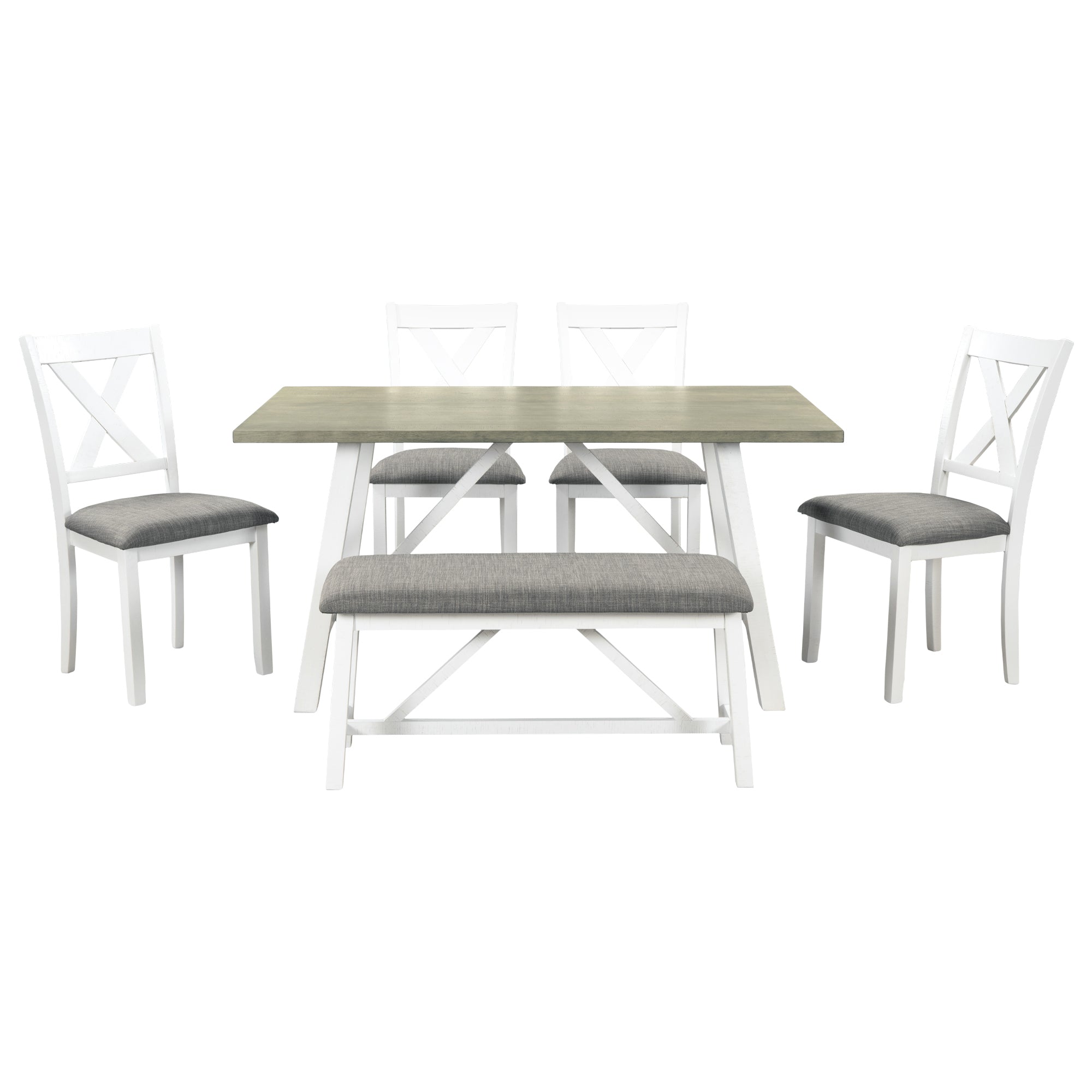 TOPMAX 6 Piece Dining Table Set Wood Dining Table and chair Kitchen Table Set with Table, Bench and 4 Chairs, Rustic Style,White+Gray