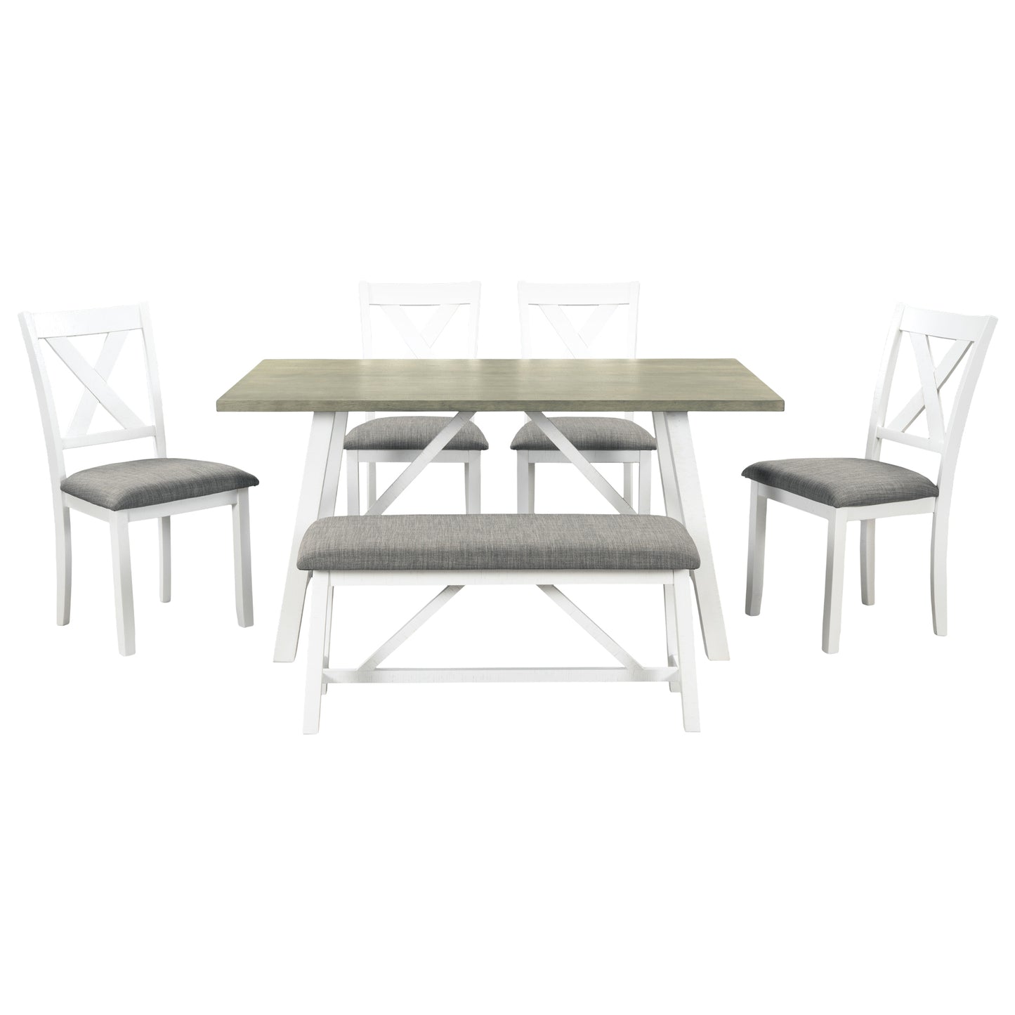 TOPMAX 6 Piece Dining Table Set Wood Dining Table and chair Kitchen Table Set with Table, Bench and 4 Chairs, Rustic Style,White+Gray