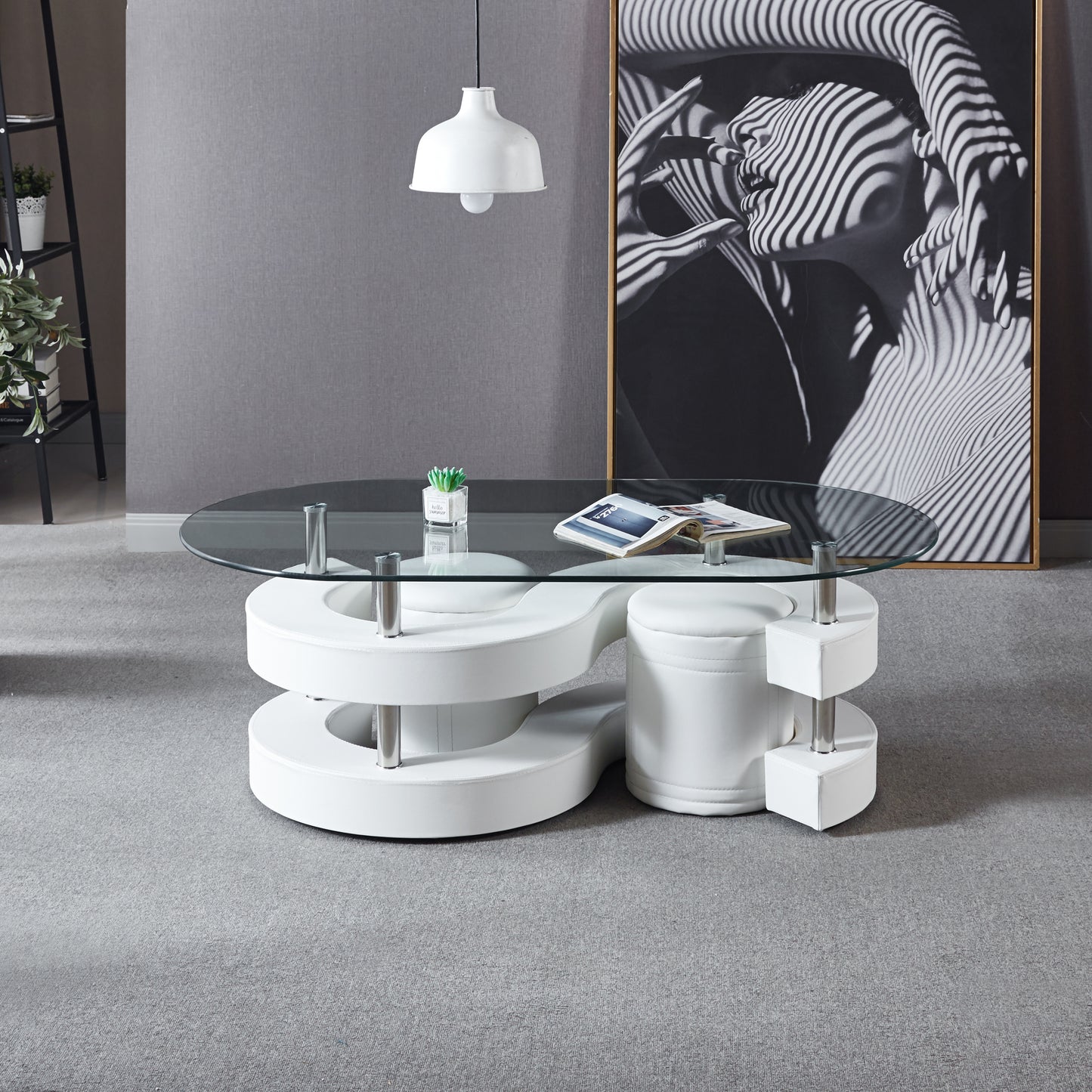 3 Pieces Coffee Table Set, Oval 10mm/0.39" Thick Tempered Glass Table and 2 Leather Stools