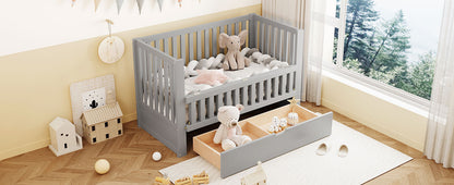 Convertible Crib/Full Size Bed with Drawers and 3 Height Options, Gray