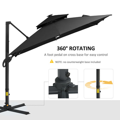 10FT Cantilever Patio Umbrella with Solar LED Lights, Double Top Square Outdoor Offset Umbrella with 360° Rotation, 4-Position Tilt, Crank & Cross Base for Garden, Deck, Pool, Dark Gray