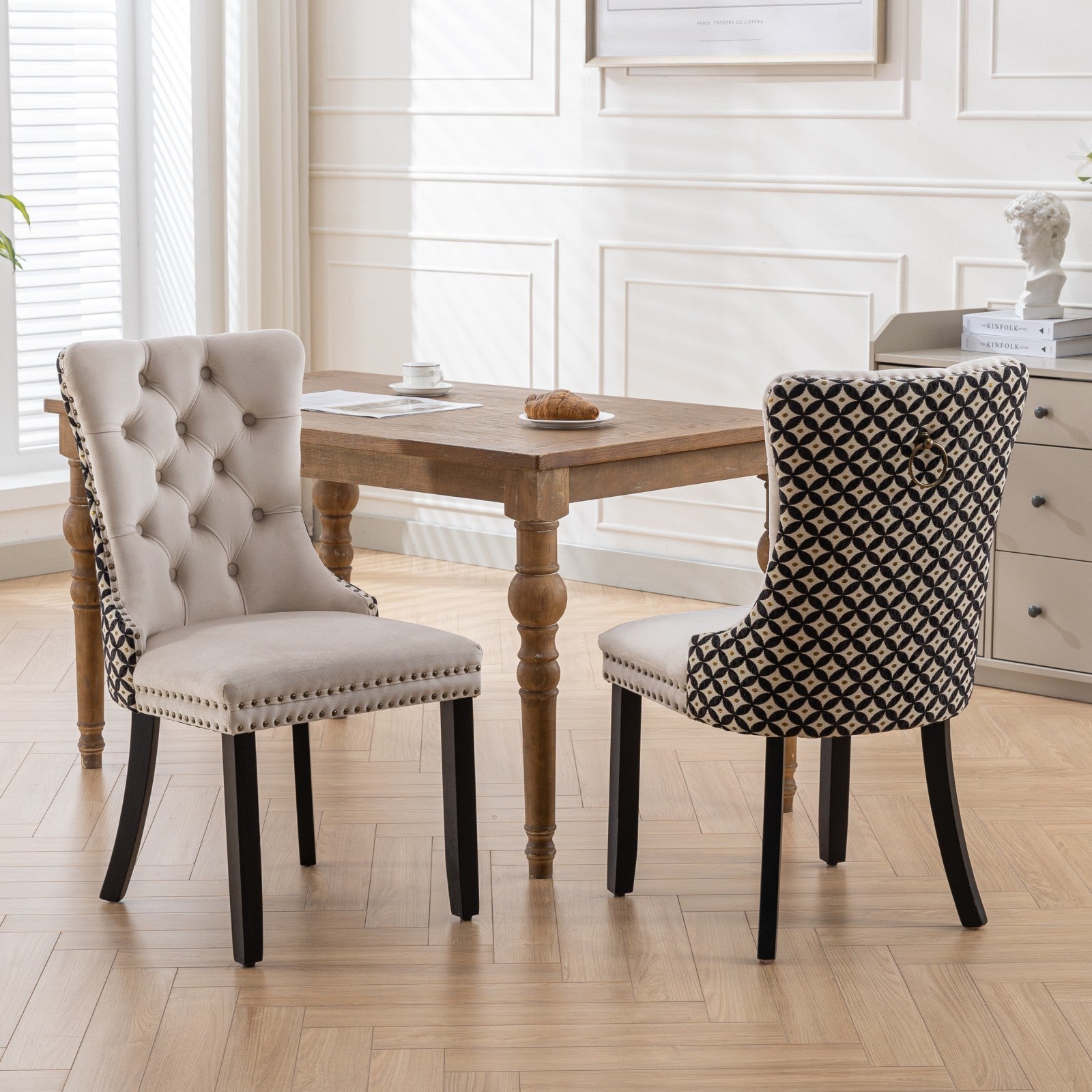 Classic Velvet Dining Chairs,  High-end Tufted Solid Wood Contemporary Velvet Upholstered Dining Chair with Wood Legs Nailhead, SET OF 2,Beige and Patterned,SW2201BG