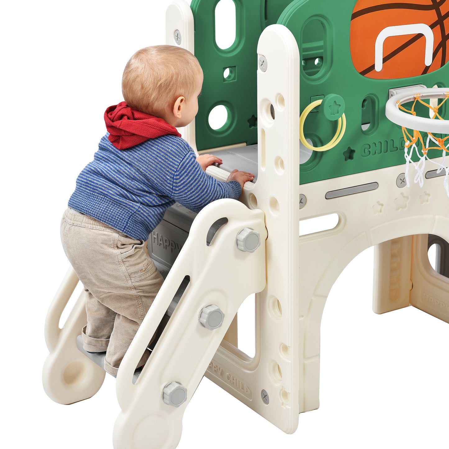 Kids Slide Playset Structure, Freestanding Castle Climbing Crawling Playhouse with Slide, Arch Tunnel, Ring Toss, and Basketball Hoop, Toy Storage Organizer for Toddlers, Kids Climbers Playground