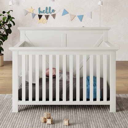 Rustic Farmhouse Style Whitewash 4-in-1 Convertible Baby Crib - Converts to Toddler Bed, Daybed and Full-Size Bed, White