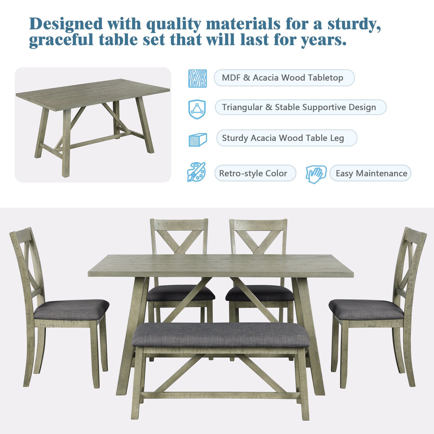 TOPMAX 6 Piece Dining Table Set Wood Dining Table and chair Kitchen Table Set with Table, Bench and 4 Chairs, Rustic Style, Gray(No Difference with SH000109AAE)