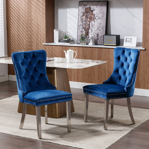 Nikki Collection Modern, High-end Tufted Solid Wood Contemporary Velvet Upholstered Dining Chair with Chrome Stainless Steel Plating Legs,Nailhead Trim,Set of 2,Blue and Chrome, SW1701BL