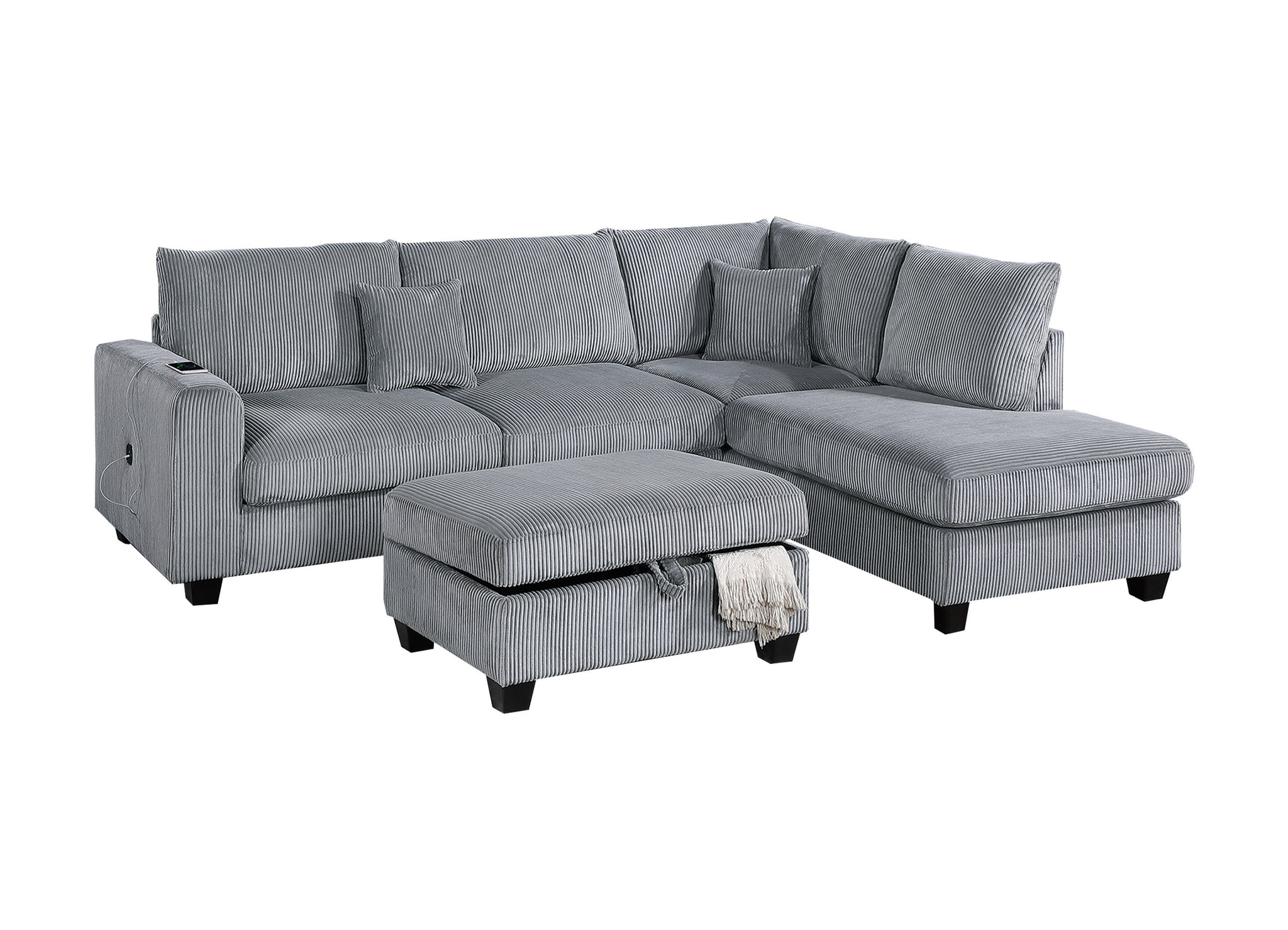 Contemporary 3pc Sectional Set Fog Color Corduroy Couch LAF Sofa RAF Chaise Ottoman L-Sectional Living Room