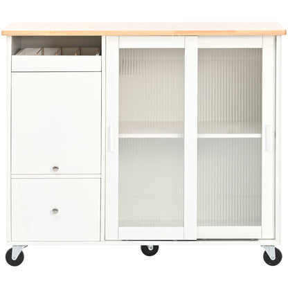 Kitchen Island with Drop Leaf, LED Light Kitchen Cart on Wheels with 2 Fluted Glass Doors and 1 Flip Cabinet Door, Large Kitchen Island Cart with an Adjustable Shelf and 2 Drawers (White)