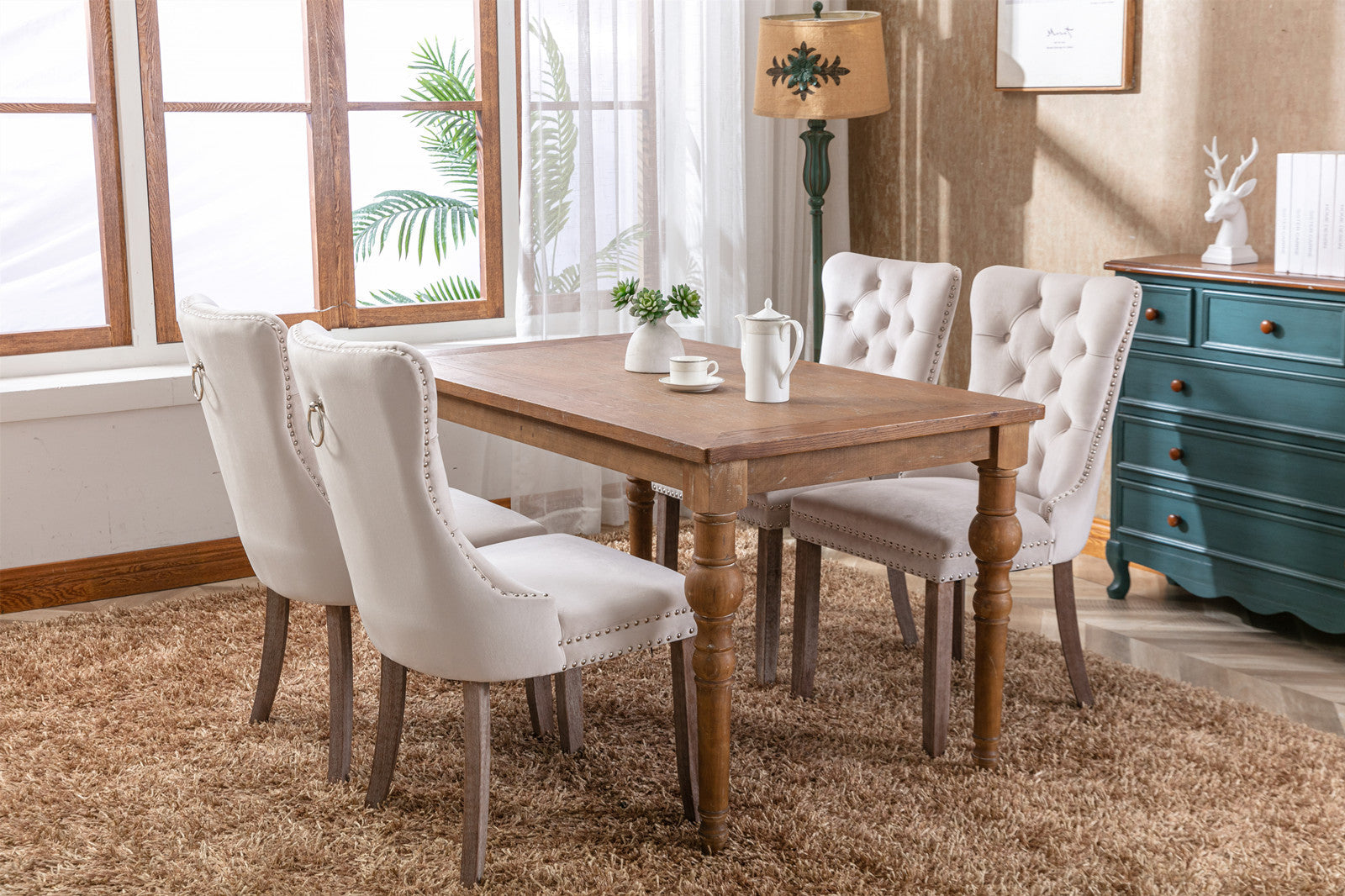 Nikki Collection Modern, High-end Tufted Solid Wood Contemporary Velvet Upholstered Dining Chair with Wood Legs Nailhead Trim 2-Pcs Set,Beige, SW2001BG