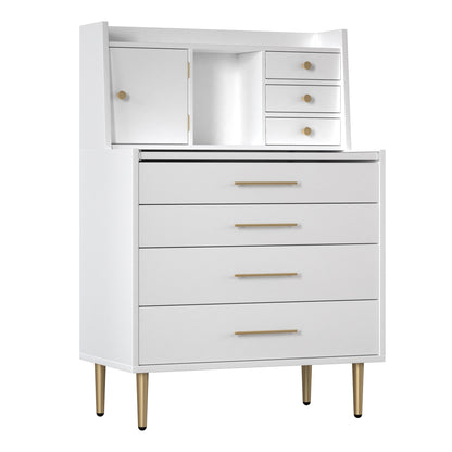 Vanity Makeup Table with Mirror and Retractable Table, Storage Dresser for Bedroom with 7 Drawers and Hidden Storage,White