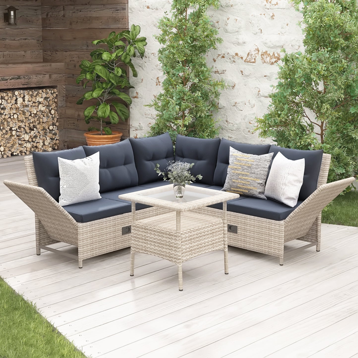 TOPMAX Outdoor Patio 4-Piece All Weather PE Wicker Rattan Sofa Set with Adjustable Backs for Backyard, Poolside, Gray