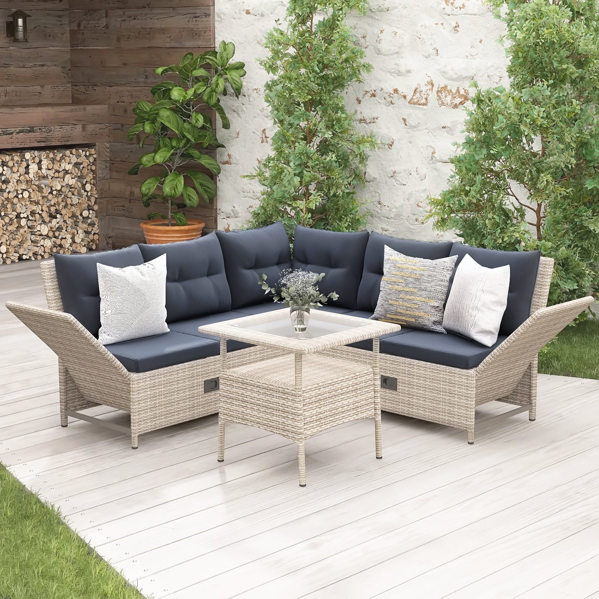 TOPMAX Outdoor Patio 4-Piece All Weather PE Wicker Rattan Sofa Set with Adjustable Backs for Backyard, Poolside, Gray