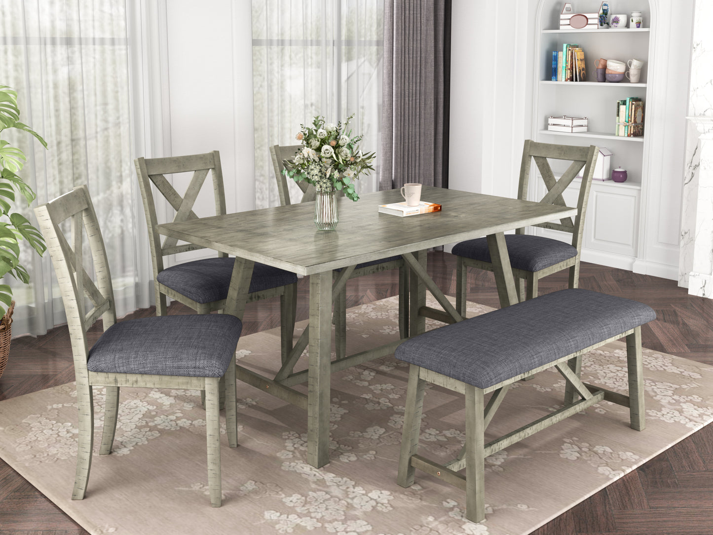 TOPMAX 6 Piece Dining Table Set Wood Dining Table and chair Kitchen Table Set with Table, Bench and 4 Chairs, Rustic Style, Gray(No Difference with SH000109AAE)