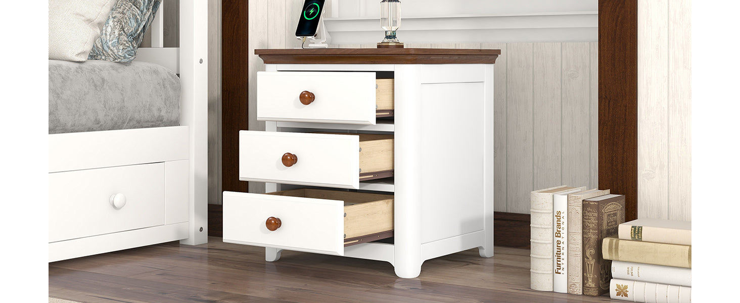 Wooden Nightstand with USB Charging Ports and Three Drawers,End Table for Bedroom,White+Walnut