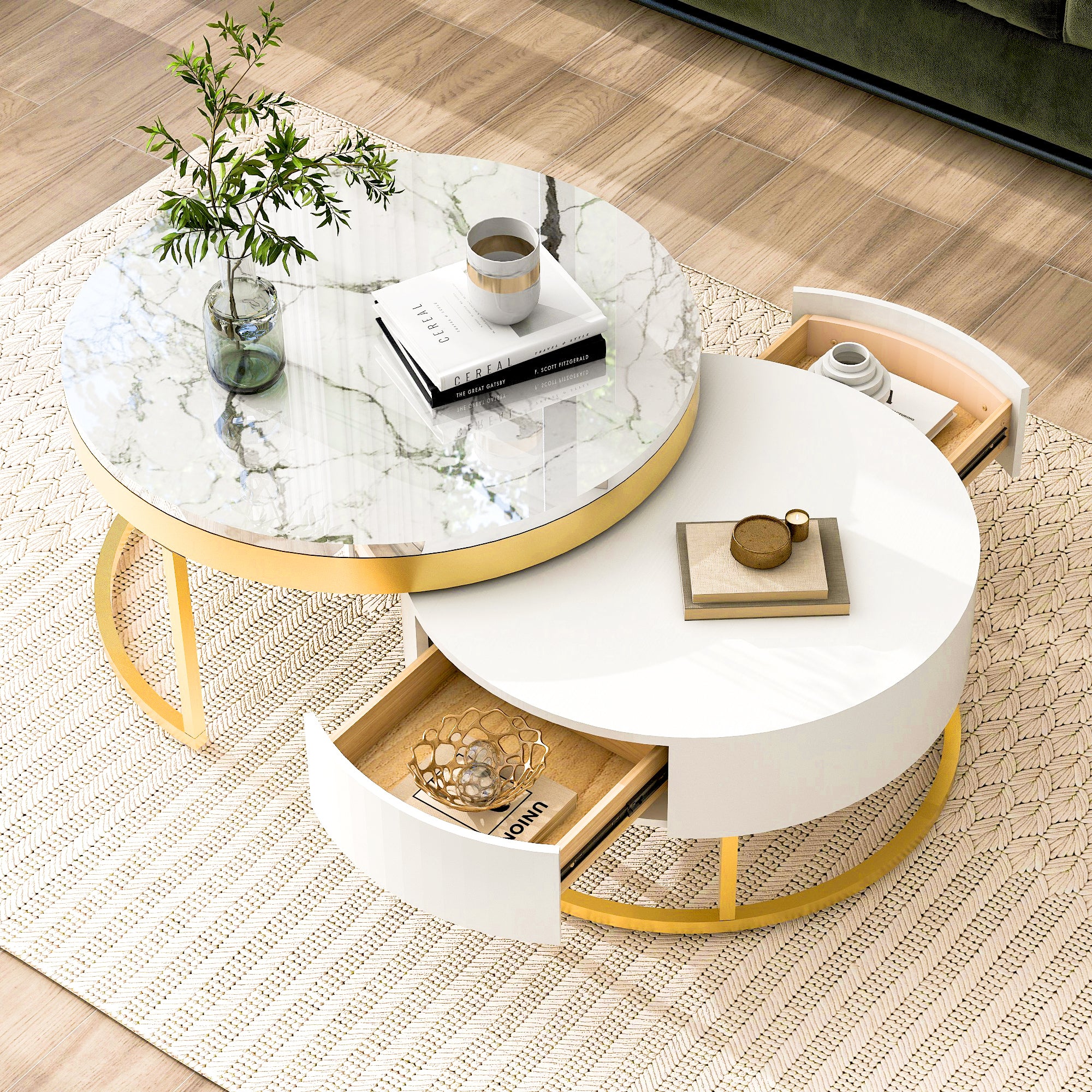 Modern Round  Nesting Coffee Table with Drawers in White