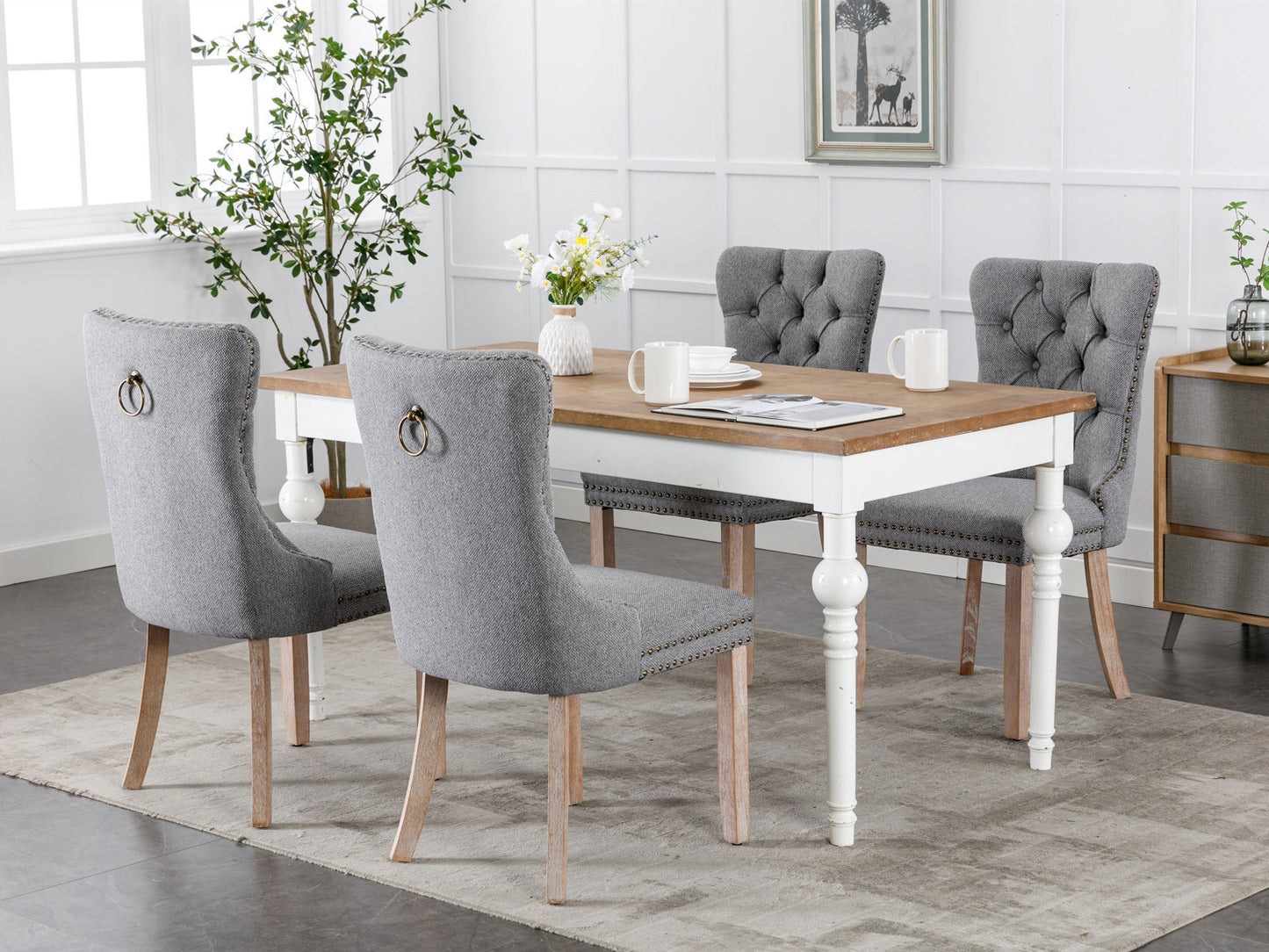 Nikki Collection Modern, High-end Tufted Solid Wood Contemporary Flax Upholstered Linen Dining Chair with Wood Legs Nailhead Trim 2-Pcs Set,Gray, SW6801GY