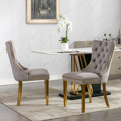 Nikki Collection Modern, High-end Tufted Solid Wood Contemporary Velvet Upholstered Dining Chair with Golden Stainless Steel Plating Legs,Nailhead Trim,Set of 2,Gray and Gold, SW1601GY