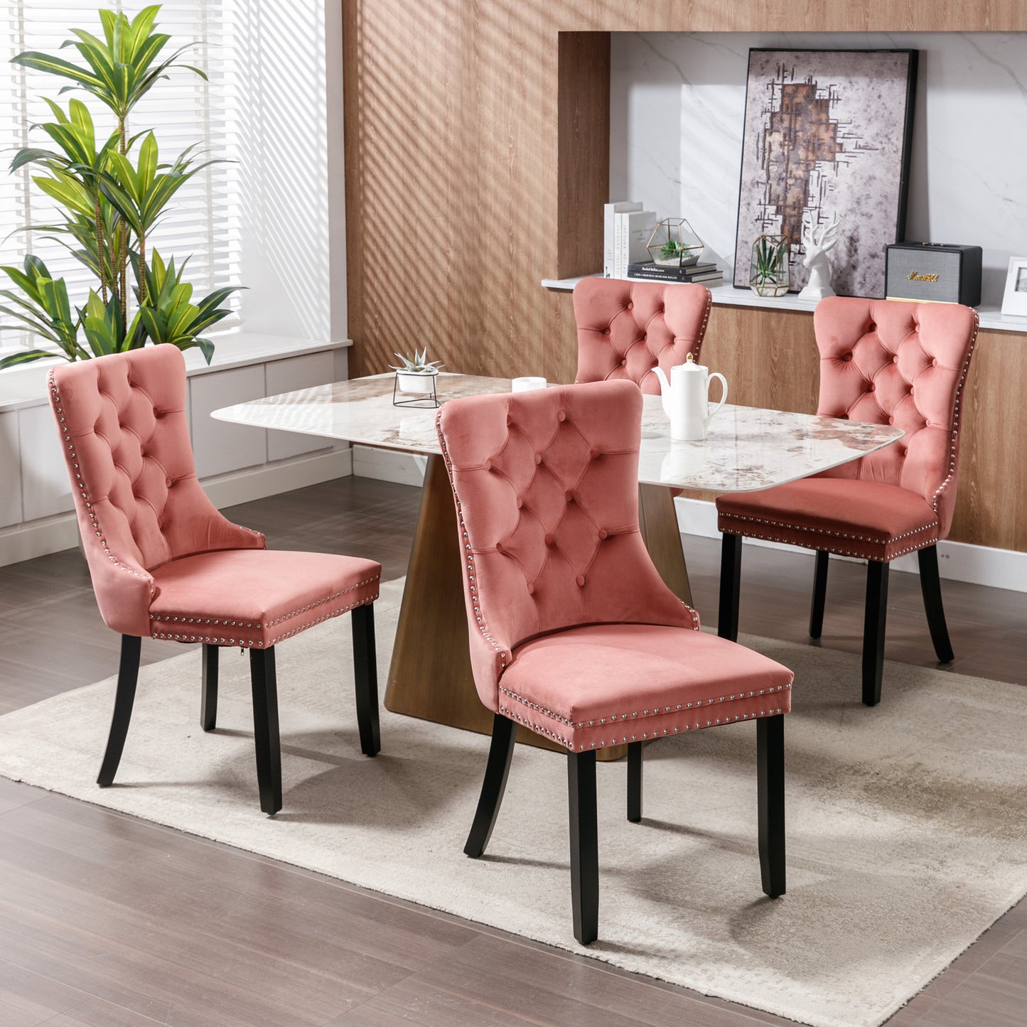 Nikki Collection Modern, High-end Tufted Solid Wood Contemporary Velvet Upholstered Dining Chair with Wood Legs Nailhead Trim 2-Pcs Set,Pink, SW2001PK