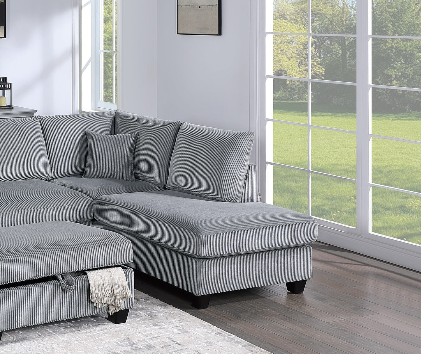 Contemporary 3pc Sectional Set Fog Color Corduroy Couch LAF Sofa RAF Chaise Ottoman L-Sectional Living Room