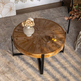 33.46"Retro drawing technology Splicing Round Coffee Table,Fir Wood Table Top with Black Cross Legs Base