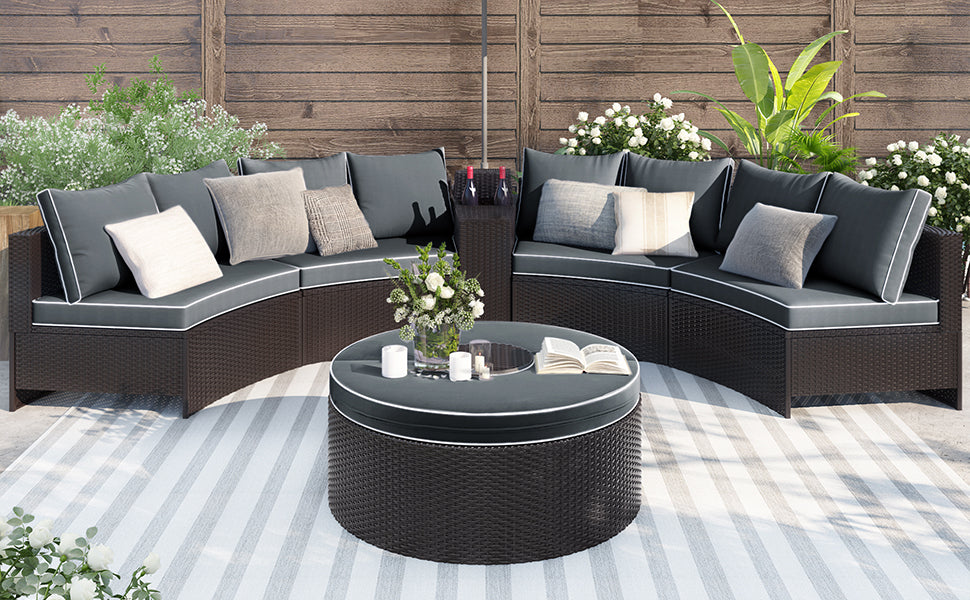 TOPMAX 6 Pieces Outdoor Sectional Half Round Patio Rattan Sofa Set, PE Wicker Conversation Furniture Set w/ One Storage Side Table for Umbrella and One Multifunctional Round Table, Brown+ Gray