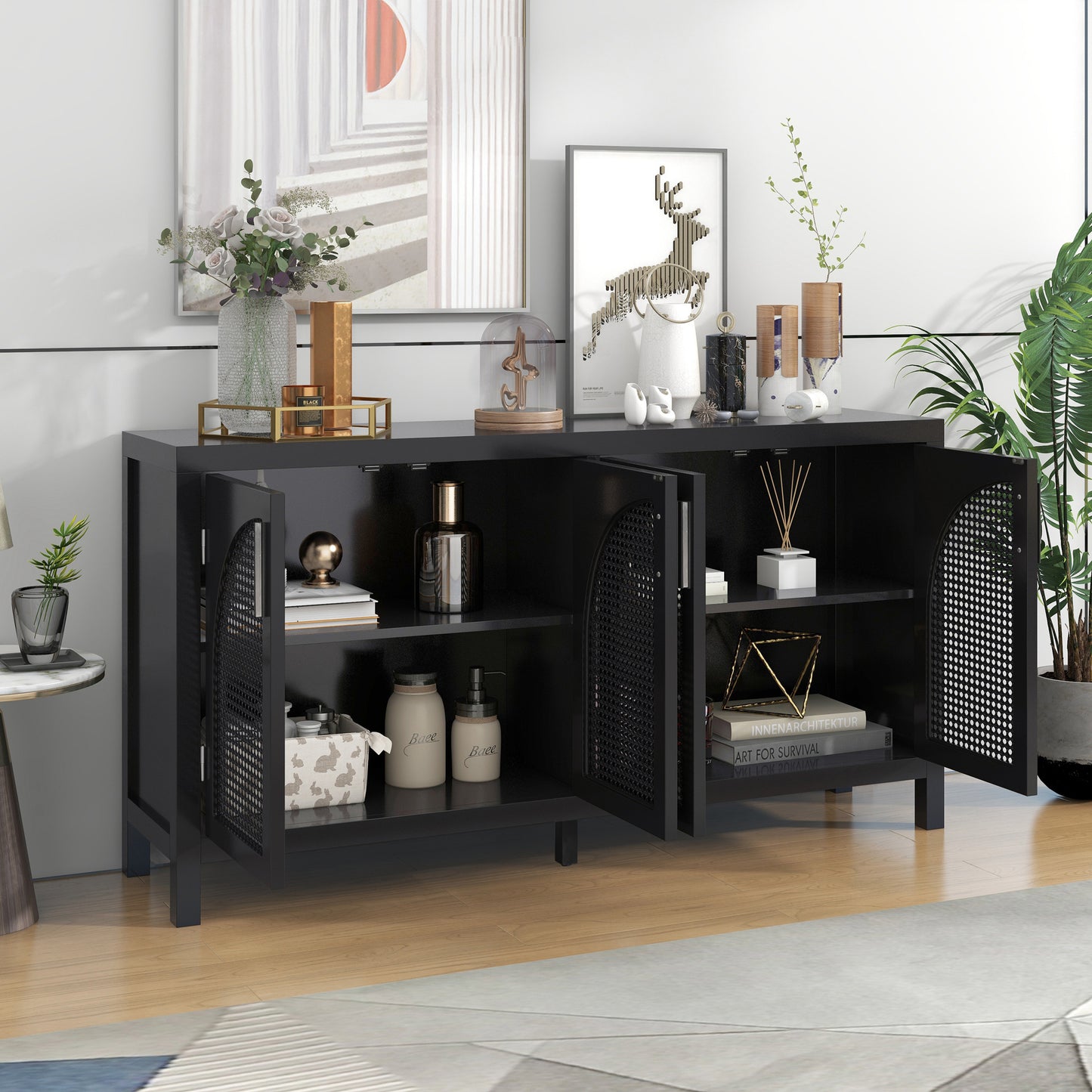 TREXM Large Storage Space Sideboard with Artificial Rattan Door and Metal Handles for Living Room and Entryway (Black)