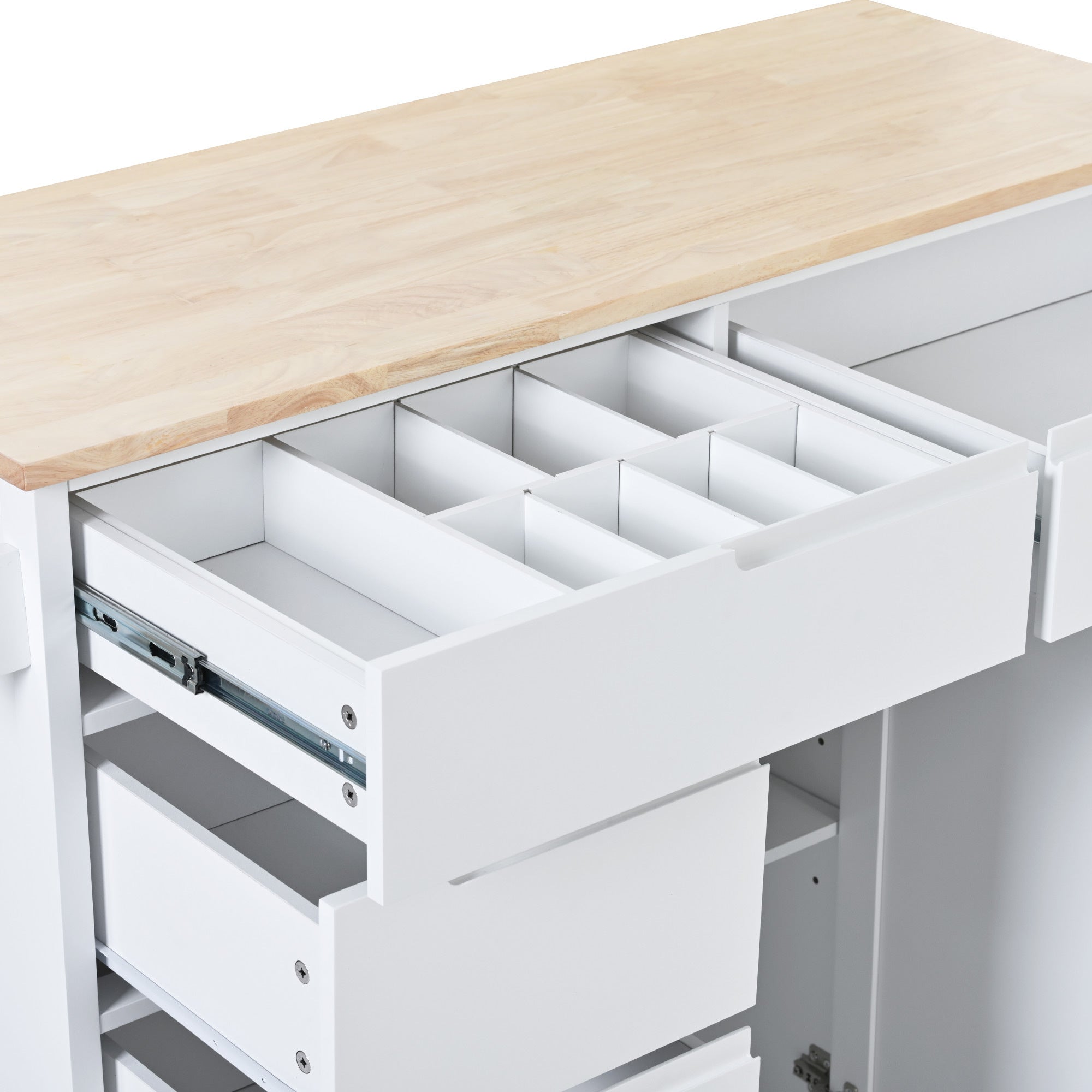 K&K Store Kitchen Cart with Rubber Wood Countertop , Kitchen Island has 8 Handle-Free Drawers Including a Flatware Organizer and 5 Wheels for Kitchen Dinning Room, White