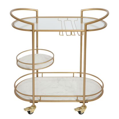 30 Inch 3 Tier Bar Cart with Matte Gold Metal Frame, White Marble and Glass Shelves