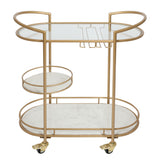 30 Inch 3 Tier Bar Cart with Matte Gold Metal Frame, White Marble and Glass Shelves