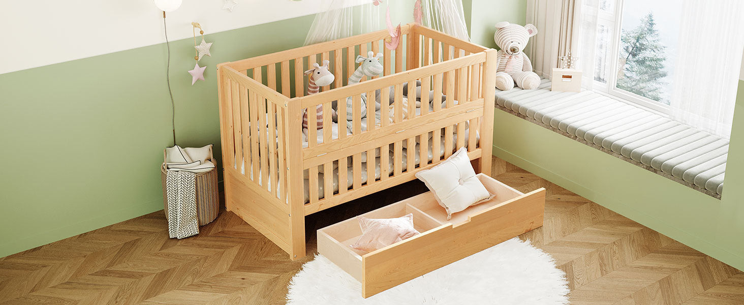 Convertible Crib/Full Size Bed with Drawers and 3 Height Options, Natural