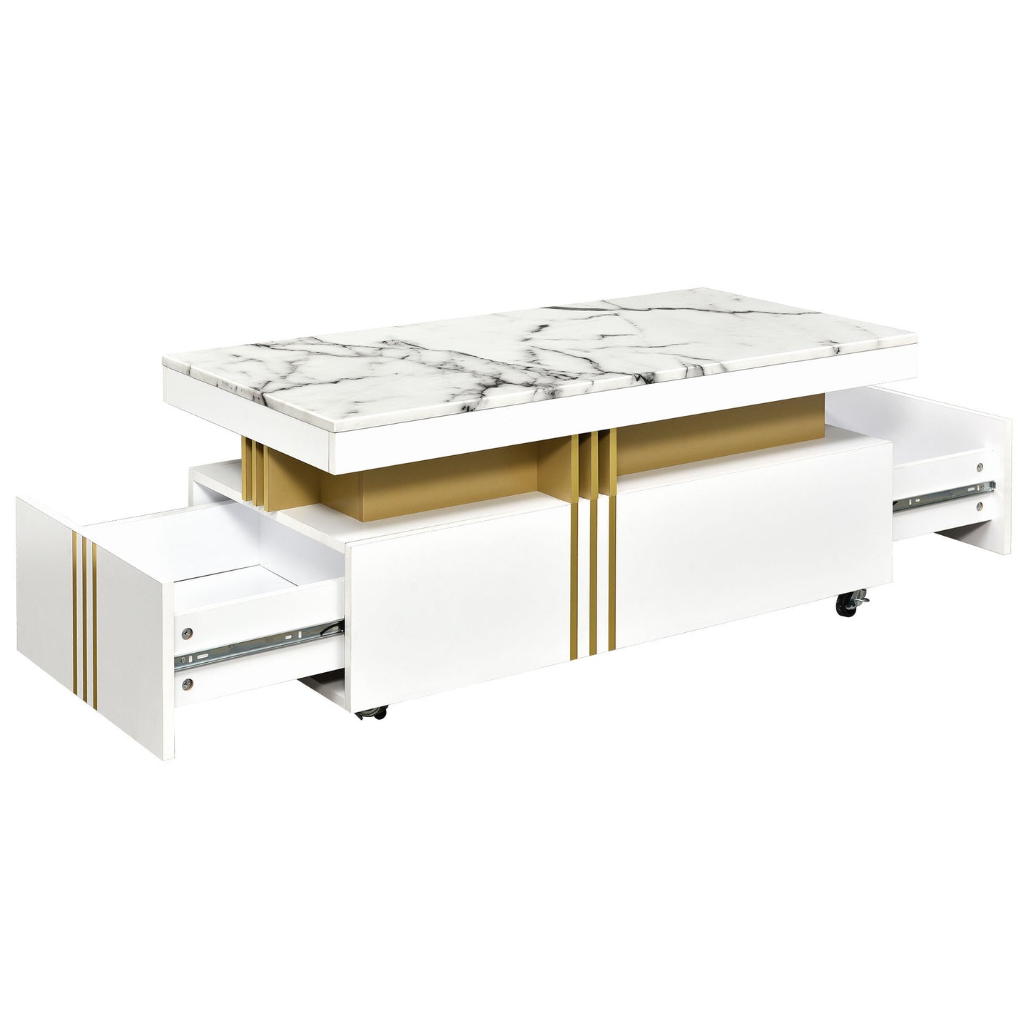 ON-TREND Contemporary Coffee Table with Faux Marble Top, Rectangle Cocktail Table with Caster Wheels, Moderate Luxury Center Table with Gold Metal Bars for Living Room, White