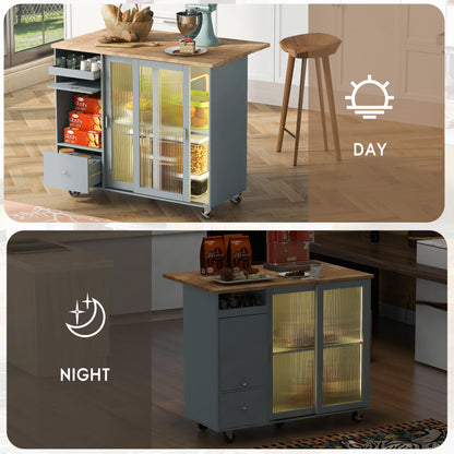 Kitchen Island with Drop Leaf, LED Light Kitchen Cart on Wheels with 2 Fluted Glass Doors and 1 Flip Cabinet Door, Large Kitchen Island Cart with an Adjustable Shelf and 2 Drawers (Grey Blue)