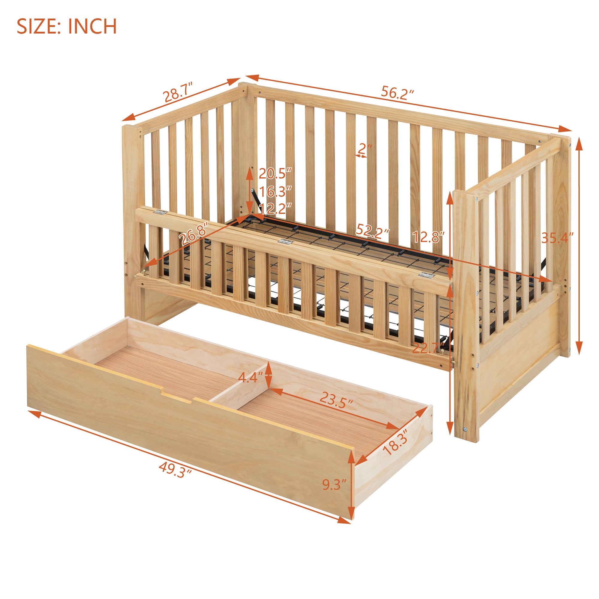 Crib with Drawers and 3 Height Options, Natural