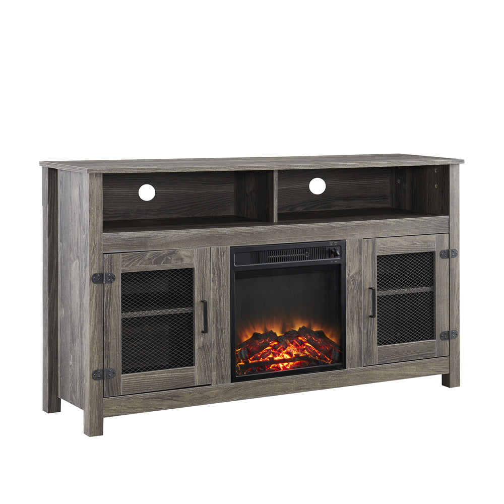 Modern Farmhouse TV Stand with Electric Fireplace, Fit up to 65" Flat Screen TV with Storage Cabinet and Adjustable Shelves Industrial Entertainment Center for Living Room, Grey