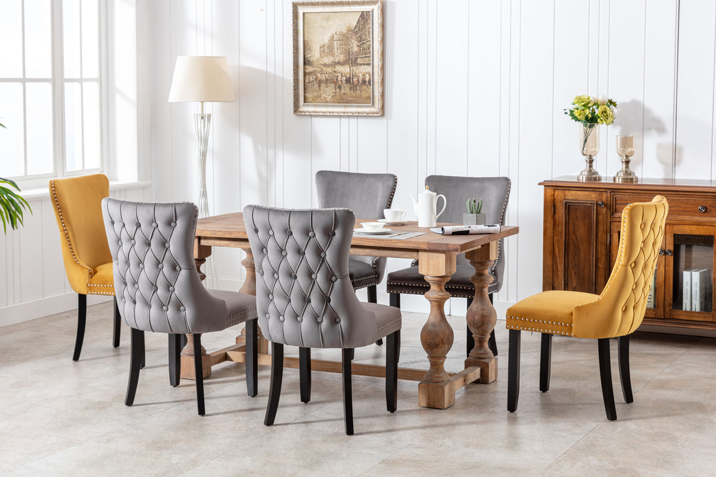 A&A Furniture,Upholstered Wing-Back Dining Chair with Backstitching Nailhead Trim and Solid Wood Legs,Set of 2, Gray,SW8809GY,  KD