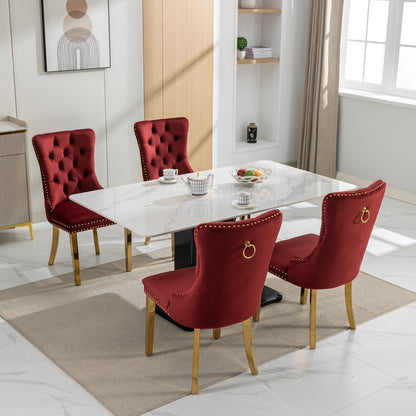 Nikki Collection Modern, High-end Tufted Solid Wood Contemporary Velvet Upholstered Dining Chair with Golden Stainless Steel Plating Legs,Nailhead Trim,Set of 2,Wine Red and Gold, SW1601WR,Burgundy