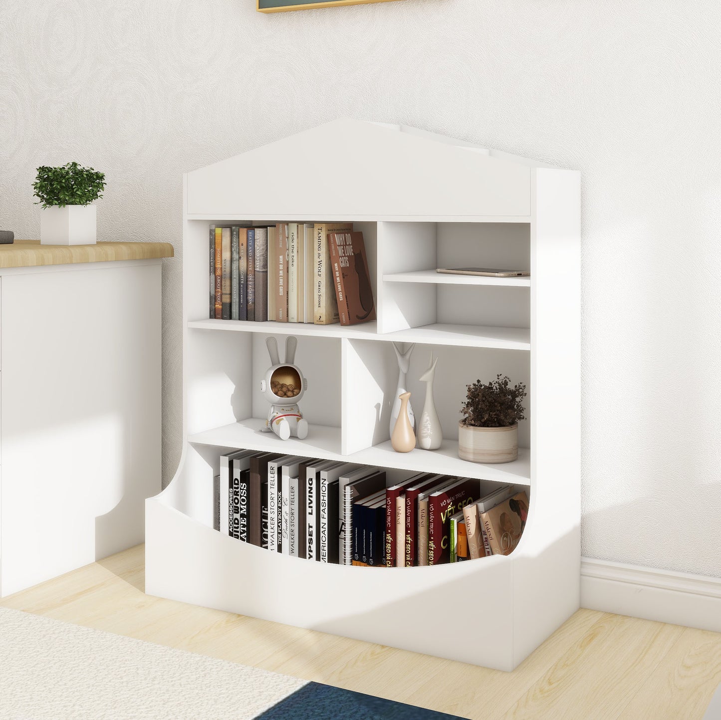 Children's Multi-Functional 7 Shelf Bookcase, Storage Display, Rack, Organizer, White,14.37" D x 31.50" W x39.37" H