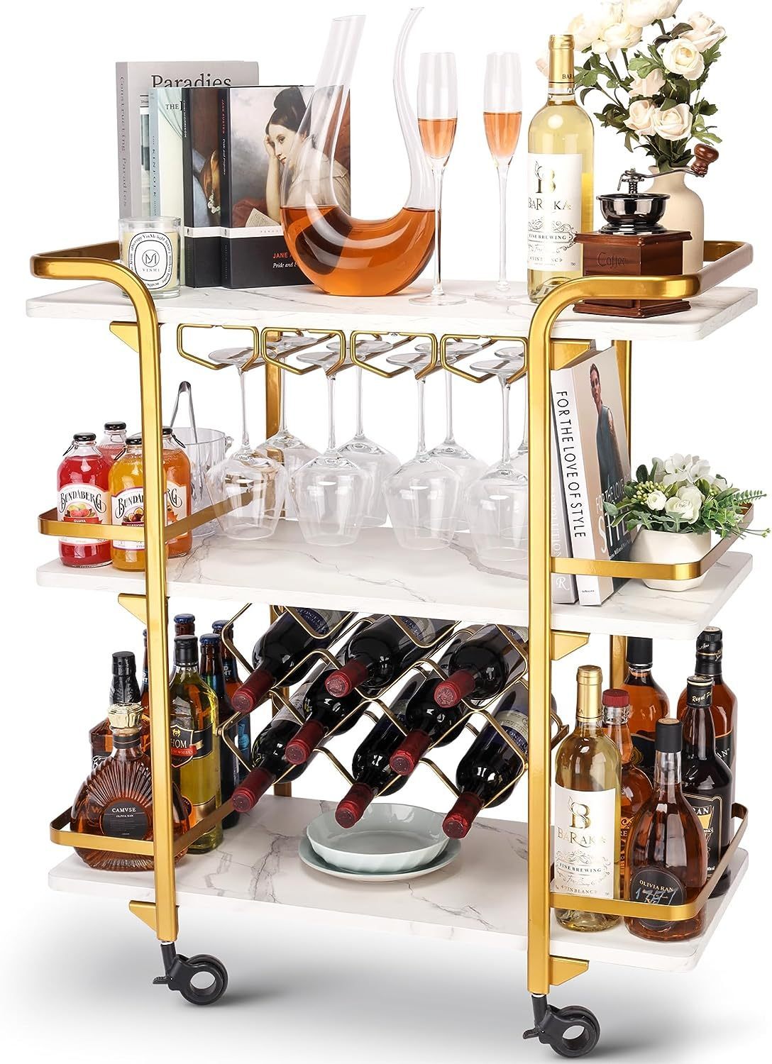 Gold Bar Cart with 3 Tiers for Stylish Storage, Home Bar Serving Cart with 4 Rows of Glass Holders & 8 Wine Racks, Modern Marbled Solid Wood Cart on Lockable Wheels, Coffee Bar Cart for Kitchen