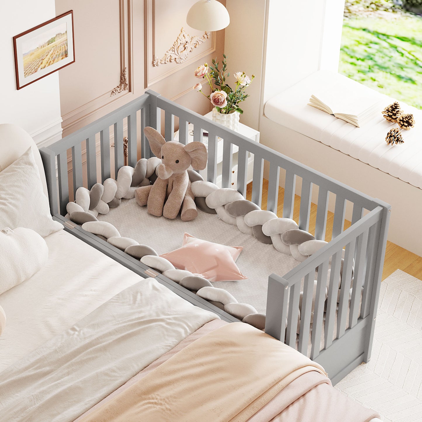 Crib with Drawers and 3 Height Options, Gray