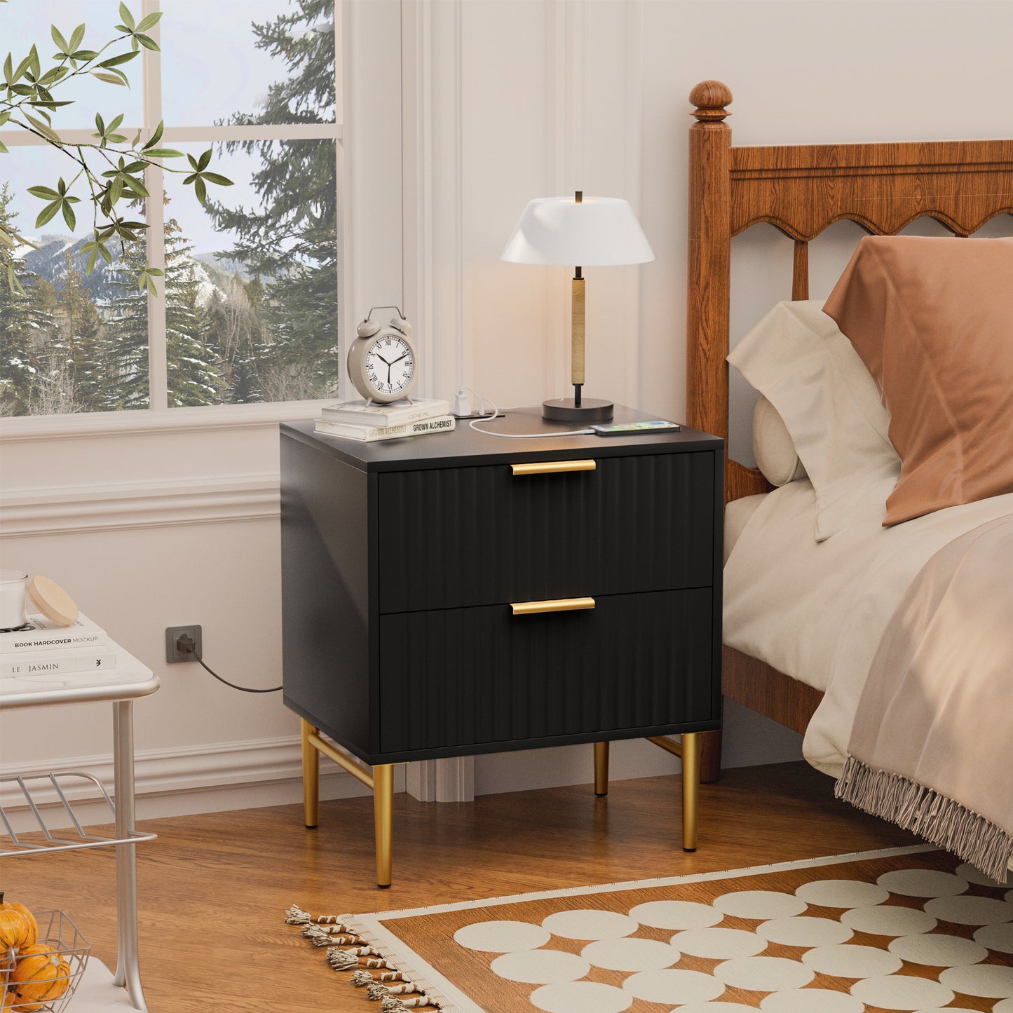 Glavbiku Modern Nightstand with 2 Drawer,Fluted Bedside Table with Golden Legs,Black,Adult,23.5" H