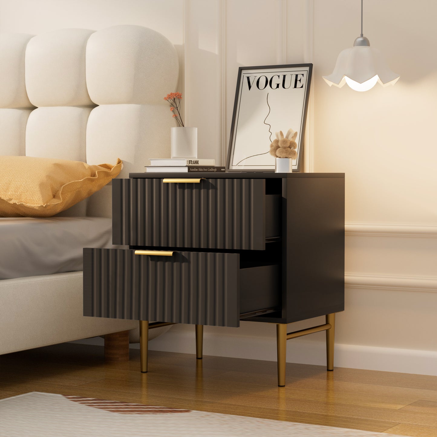 Glavbiku Modern Nightstand with 2 Drawer,Fluted Bedside Table with Golden Legs,Black,Adult,23.5" H