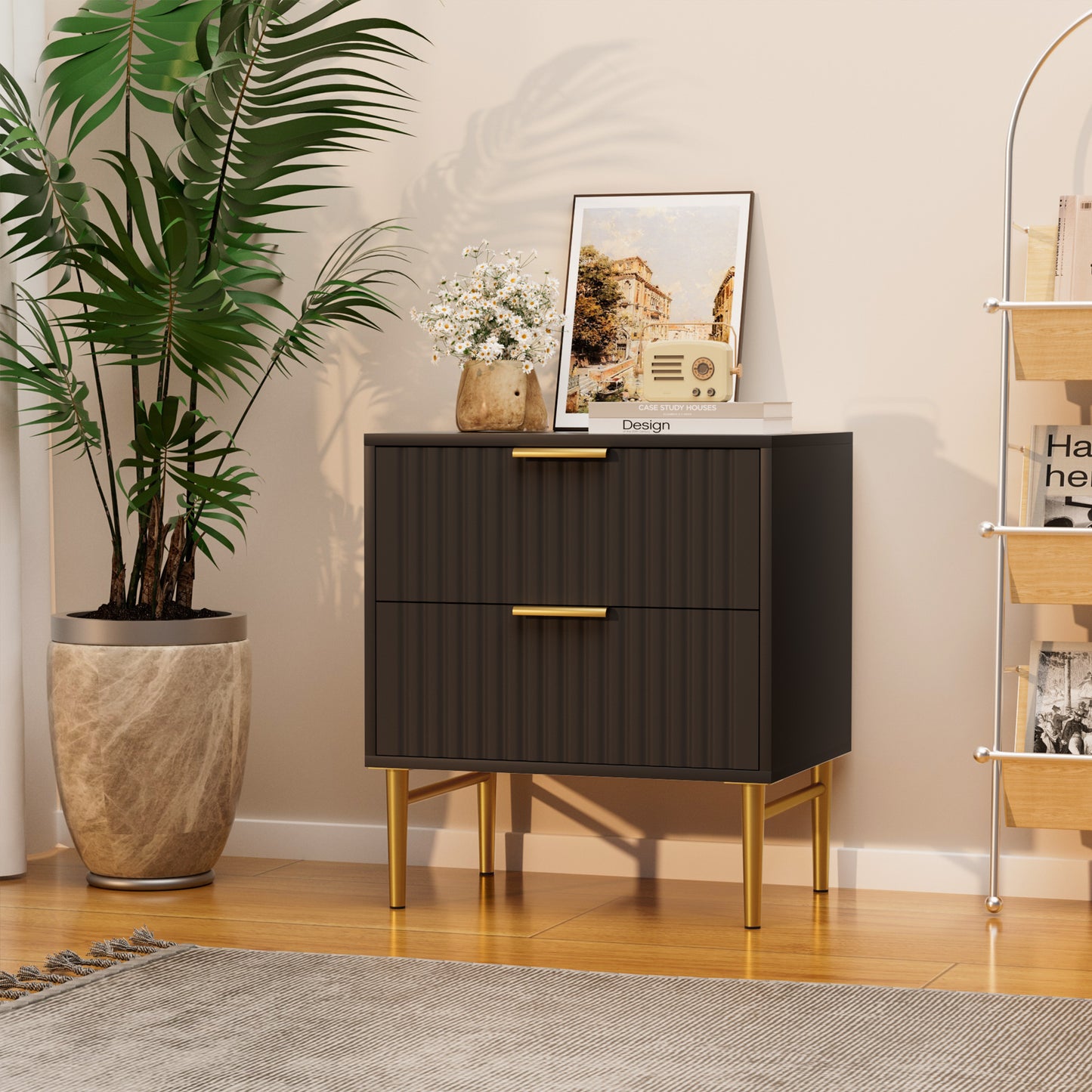 Glavbiku Modern Nightstand with 2 Drawer,Fluted Bedside Table with Golden Legs,Black,Adult,23.5" H