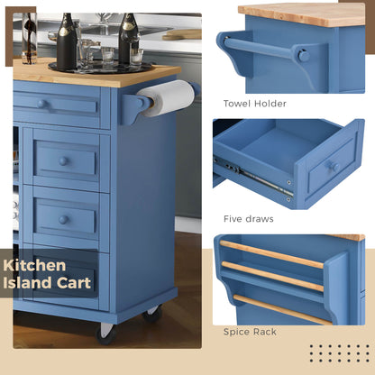 Kitchen cart with Rubber wood desktop rolling mobile kitchen island with storage and 5 draws 53 Inch length (Blue)