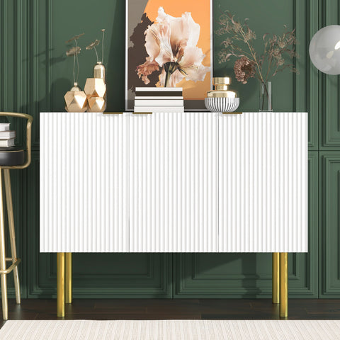 TREXM Modern Simple & Luxury Style Sideboard Particle Board & MDF Board Cabinet with Gold Metal Legs & Handles, Adjustable Shelves for Living Room, Dining Room (White)