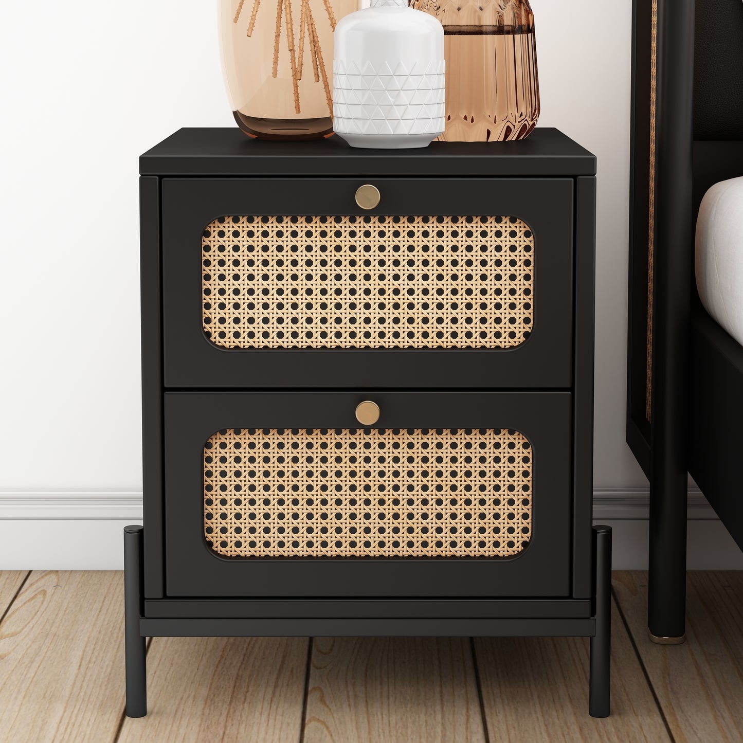 Modern Cannage Rattan Wood Closet 2-Drawer Side Table End Table Nightstand for Bedroom, Living Room, Entryway, Hallway, Black